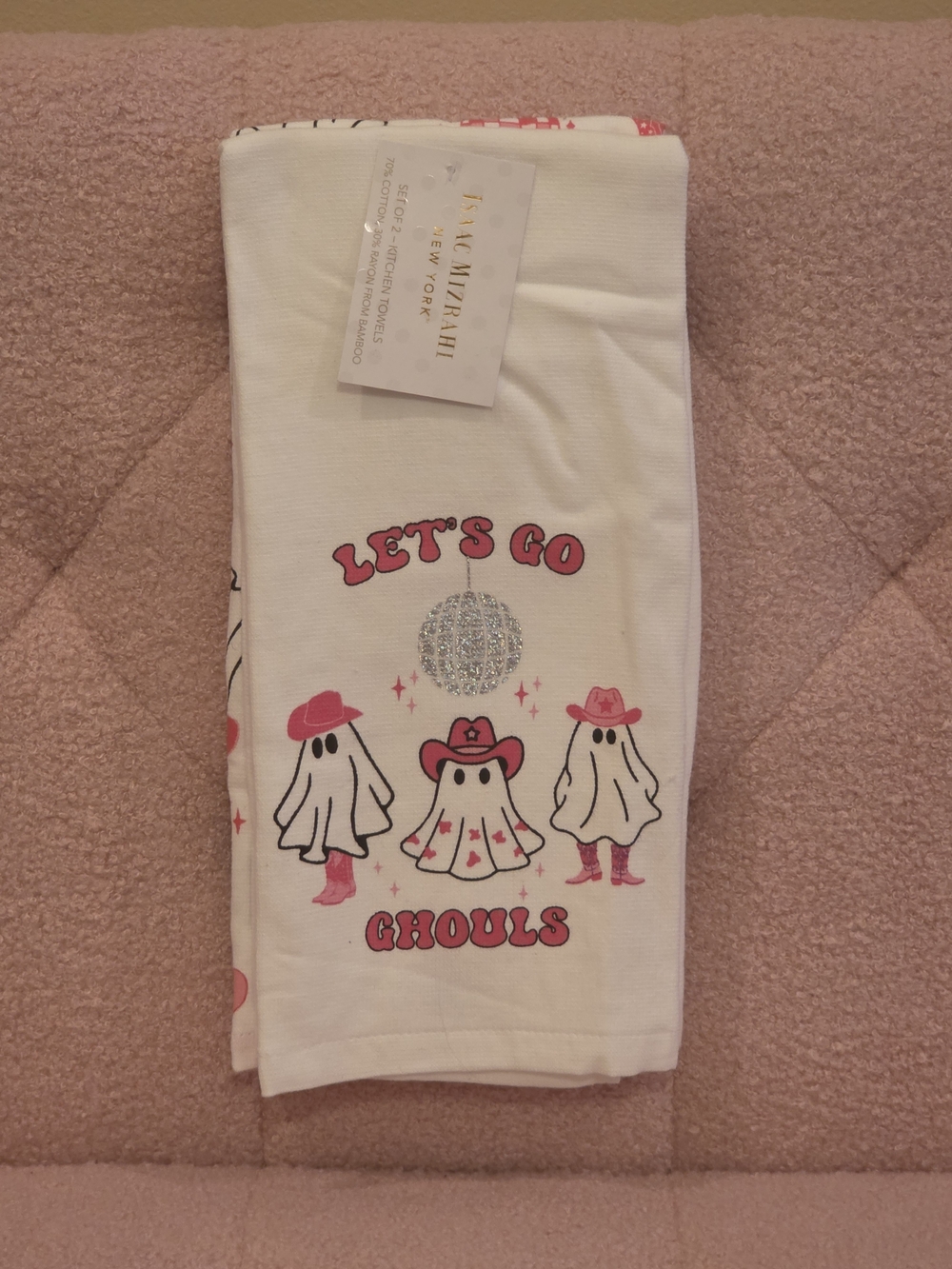 Let's Go Ghouls Ghost Kitchen Towel - White and Pink